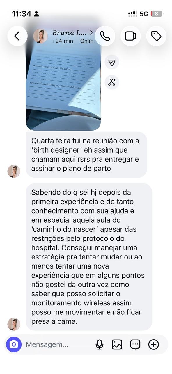 Print da conversa com a aluna Bruna sobre o plano de parto, mostrando o pedido de monitoramento wireless